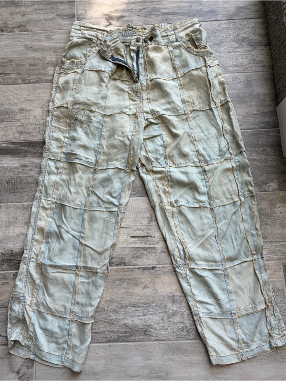 Boot Cut Patchwork Pants in Light Olive Green